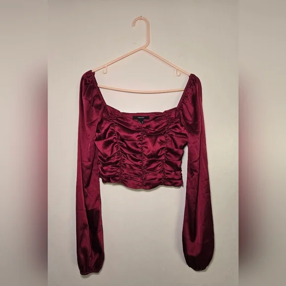 Forever 21 Burgundy Womens Long Sleeve Crop Satin Ruched Top Size Medium - Picture 1 of 6